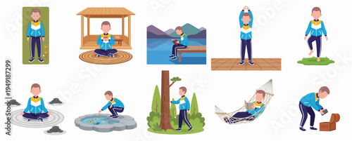Flat Style Set of Boy in Nature Activities Illustration