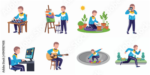 Cartoon Style Man Doing Various Hobbies and Recreational Activities Illustration