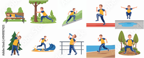 Flat Illustration Man Doing Outdoor Exercises and Sports Activity Character