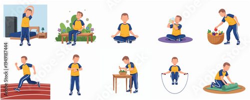 Simple Flat Illustration of Boy in Various Healthy Activities Set Collection