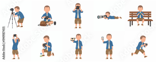 Flat Style Detailed Photographer Character In Various Poses and Activities Illustration