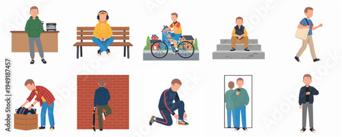 Flat Illustration Set of Diverse Young Men in Different Poses Lifestyle