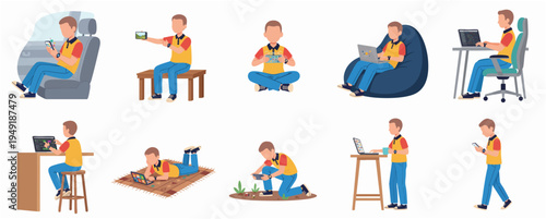 Flat Style Illustration of Man Using Gadget in Different Situations