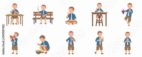 Flat Cartoon Boy Eating Various Foods in Different Poses Illustration