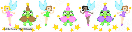 Whimsical set featuring cartoon frogs dressed as wizards and magical fairies with delicate wings. Enchanting character collection for children's books, fantasy party decorations, and greeting cards.