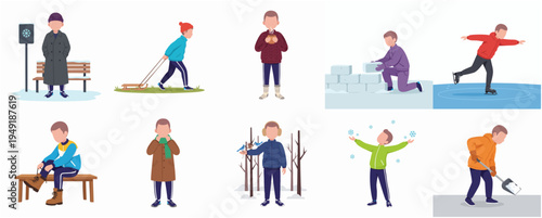 Flat Isolated People Activity in Winter Outdoor with Different Poses Illustration