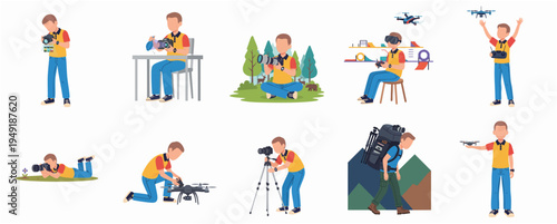 Flat Design Drone Operator Activity Illustration Set for Microstock Asset