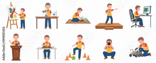 Cartoon Boy Performing Various Activities and Hobbies Illustration Set