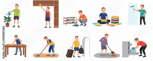 Flat Style Depiction of Boy Doing Various Housework and Chores Illustration