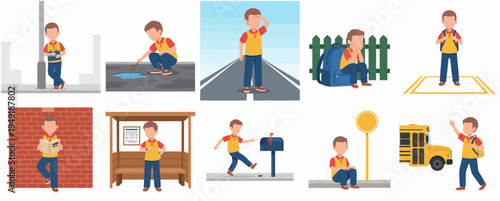 Flat Illustration Set of Schoolboy in Different Situations Activity Character