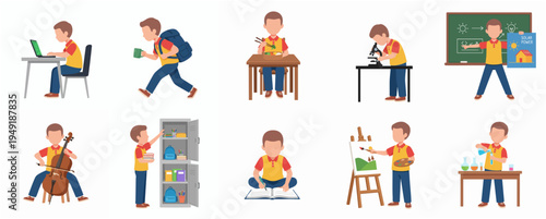 Flat Illustration Collection of Boy Character Doing Different Activities