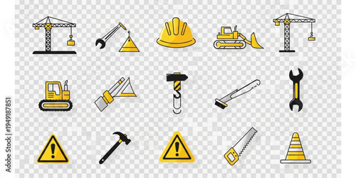 Large set of construction and industrial tools icons on a transparent background.