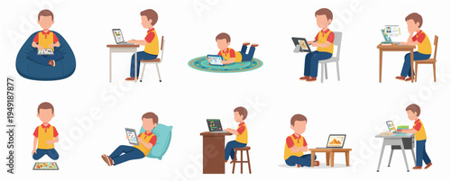 Cartoon Style Detailed Boy Studying and Learning Illustration Set