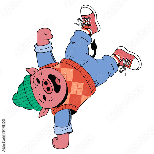 A spunky pink pig performing a dynamic one-handed freeze, dressed in a classic argyle sweater and a green beanie.