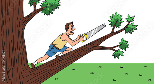 Cartoon man cutting tree branch while sitting on it with saw representing risky decision mistake danger humorous illustration