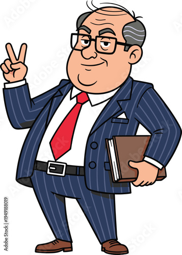 Cartoon senior businessman character holding book showing victory sign confident corporate manager illustration isolated on white background