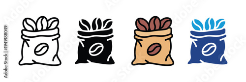 Coffee bean sack icon set. Wholesale coffee supply, organic farm harvest, and roasted bean storage symbols. Vector Illustration.
