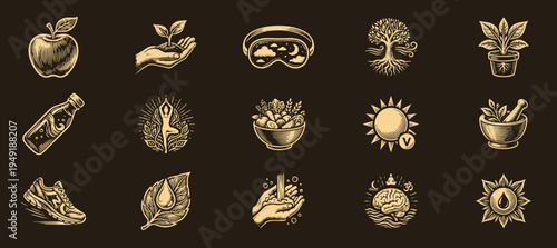 Wellness and Holistic Healthy Lifestyle Hand-Drawn Vintage Icon Set