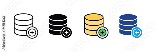 Database storage with plus add icon set. Data collection, cloud server management, and information backup symbols. Vector Illustration.