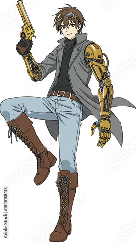 Steampunk anime character with mechanical gold prosthetic arms holding vintage revolver pistol gun wearing trench coat and boots vector illustration isolated.