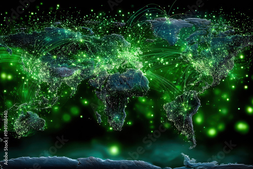 Global network illuminated by connections and data flows across continents and oceans