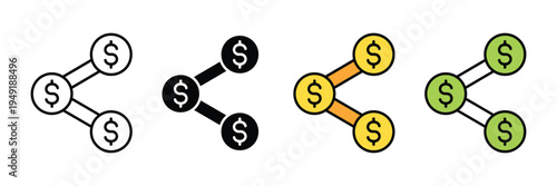 Dollar coin share node icon set. Profit sharing, financial network, and investment distribution symbols. Vector Illustration.