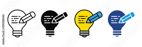 Light bulb with pencil and text icon set. Creative writing, content creation, and brainstorming symbols. Vector Illustration.