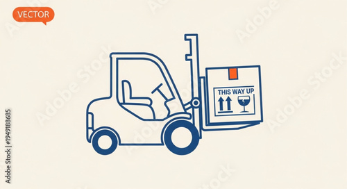 Forklift truck lifting a cardboard box with fragile markings.