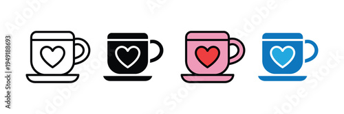 Coffee cup with heart icon set. Morning love, romantic beverage, and cafe hospitality symbols. Vector Illustration.