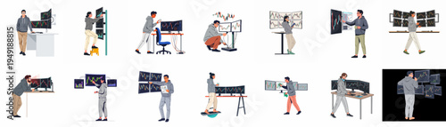 Diverse collection of professional traders and analysts working with multi-monitor setups, analyzing financial stock market charts and data in various office scenarios.