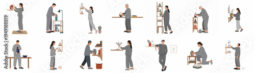 Set of diverse people in comfortable grey loungewear decorating their homes with minimalist vases, plants, and shelving units in a flat illustration style.