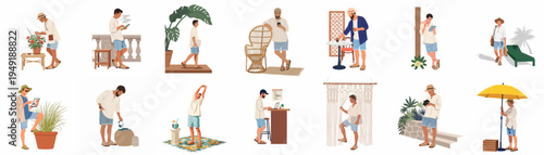 Collection of flat vector illustrations depicting a digital nomad man working remotely, traveling, and relaxing in various tropical and summer environments.