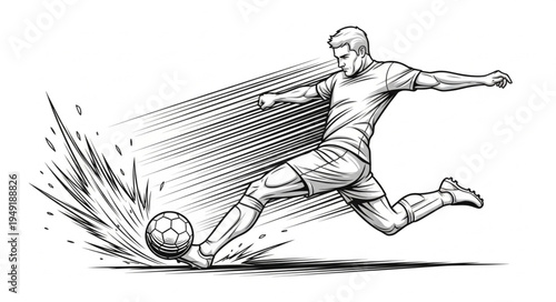 Dynamic Soccer Player Kicking Ball in Action Sketch.