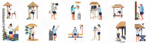 Collection of flat vector illustrations depicting digital nomads working remotely from tropical beach locations with various technological devices and gadgets.