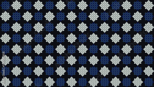 Seamless argyle pattern vector with alternating dark blue and light gray diamond shapes on a black background, ideal for textile, fashion, and digital design projects