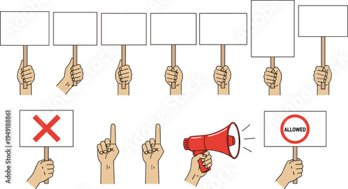Cartoon hands holding protest signs vector illustration showing advocacy symbols, megaphone, red X, allowed circle, communication, and activism concept artwork