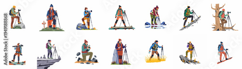 Collection of flat illustrations featuring landscape photographers with professional gear, cameras, and tripods in various outdoor wilderness and mountain settings.