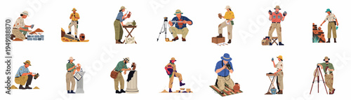 Collection of diverse archaeologists working at excavation sites, cleaning and documenting ancient artifacts in various flat style vector illustrations.