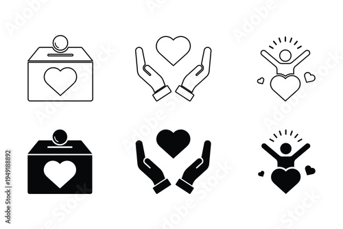 Charity donation box hands holding heart and happy person celebrate icon set for volunteer community support social care vector illustration.