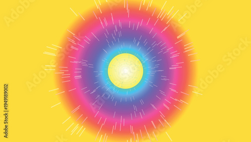 Vibrant abstract radial gradient background with bright yellow center and concentric rings of blue, purple, pink, and orange, emanating light rays on a solid yellow backdrop