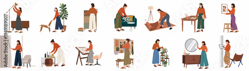 Flat vector illustration set of female interior designers and homeowners decorating, organizing, and styling various modern living spaces.