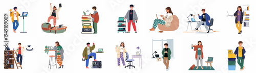 Collection of diverse young people studying online, coding, and celebrating academic achievements in casual home settings.