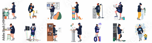 Set of flat illustrations featuring a young female programmer working on various coding tasks and tech environments in a casual home office setting.