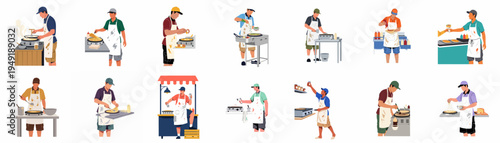 Set of flat vector illustrations showing various male street food vendors cooking, preparing, and serving pancakes or crepes at market stalls.