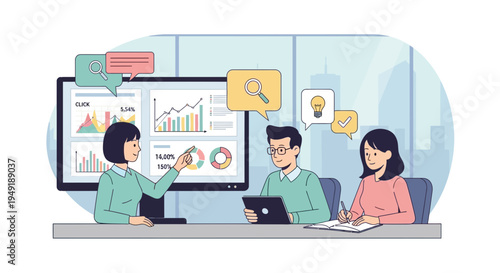 Business meeting with presentation and data analysis.