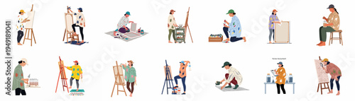 A collection of female artist characters in various poses, painting on canvas, mixing colors, and preparing art materials in a minimalist style.
