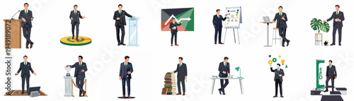 Professional Businessman in Various Leadership and Office Scenarios Flat Vector Illustration Set