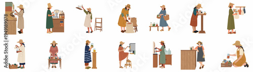 Vector illustration set featuring women shopping at a zero-waste store, refilling glass jars and using reusable bags for a sustainable lifestyle.