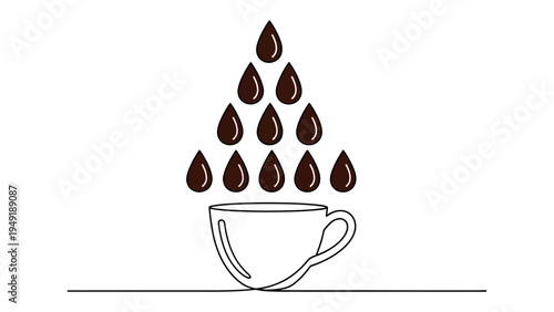 Coffee Drops and Cup: An artistic illustration of coffee drops converging towards a pristine cup, evoking the simple pleasure of a fresh brew.