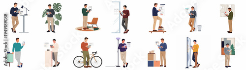 Collection of illustrations featuring professional men using digital tablets in various modern settings for work, scheduling, and lifestyle management.